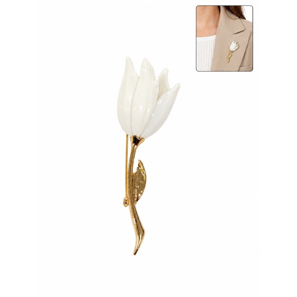 Monet Tulip Flower Brooch Pin Gold White Resin Vintage Signed 3 in cute gift